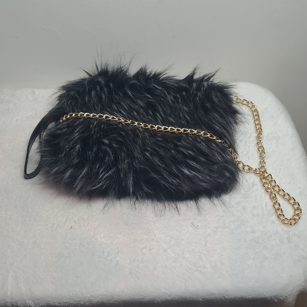 Faux Fur Black Clutch with Gold Chain